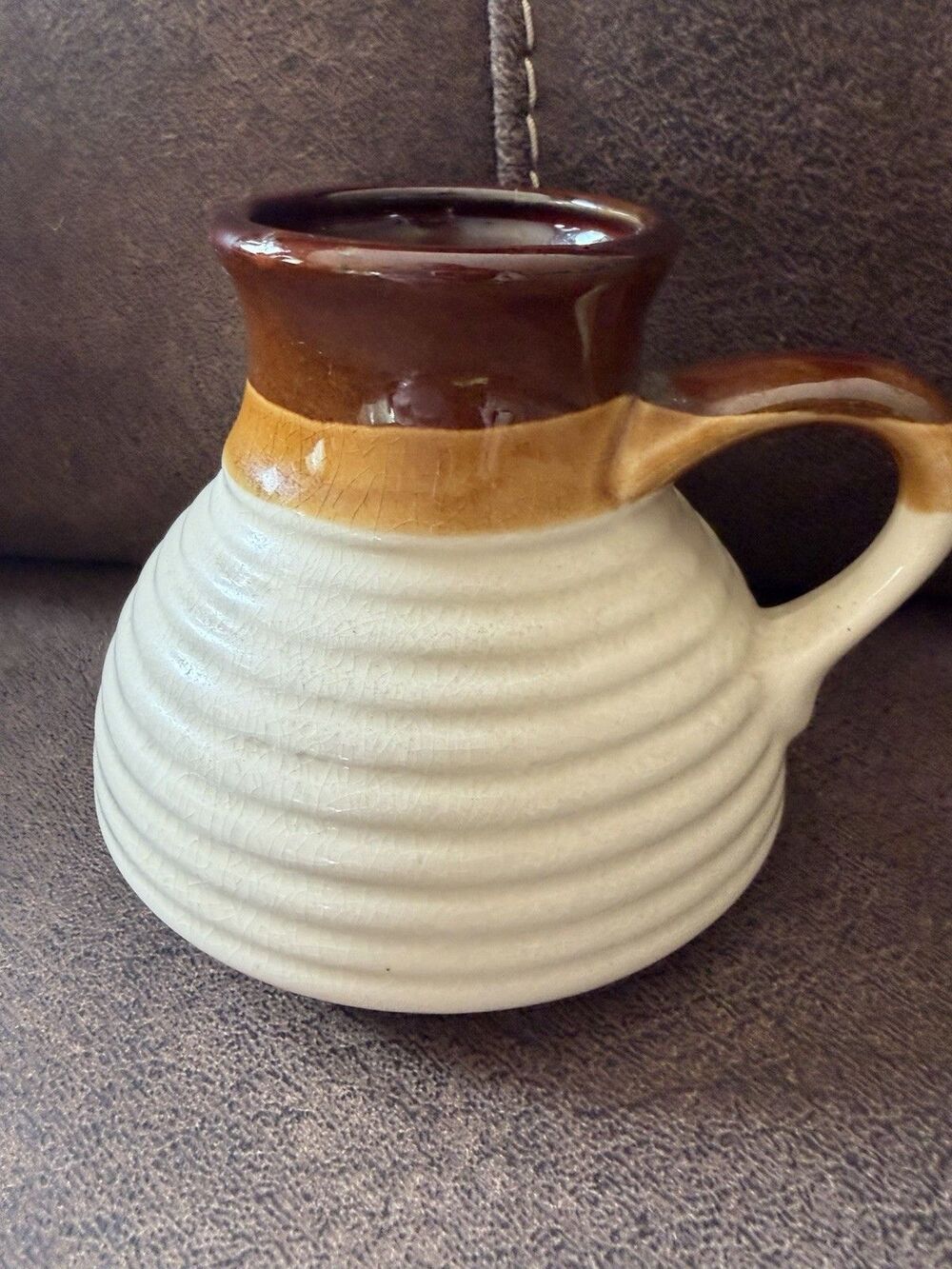 Vintage 1970s Glazed Ceramic Pottery Weighted Flared Bottom Mug Brown Cream Cup